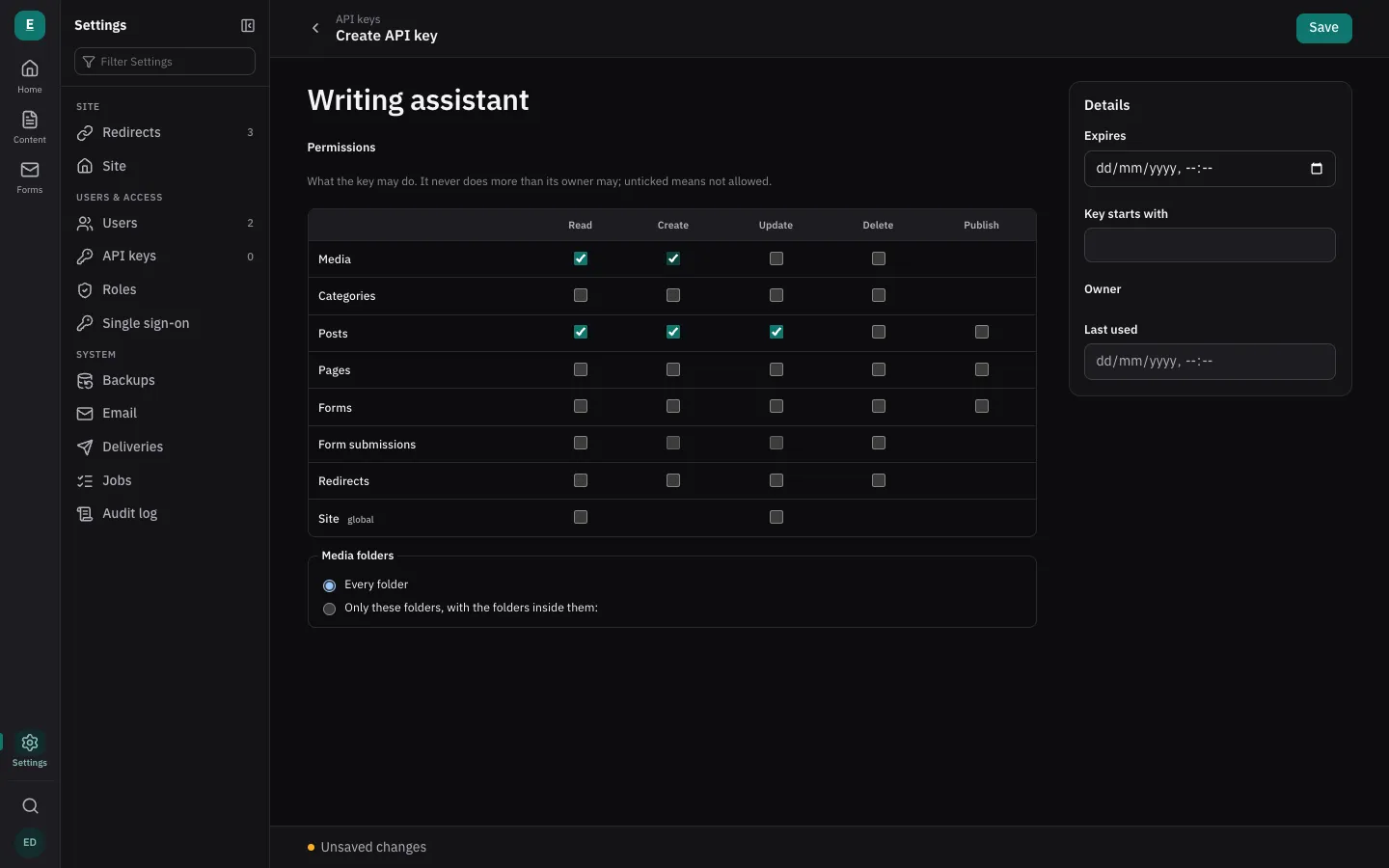 A new API key with its permissions ticked