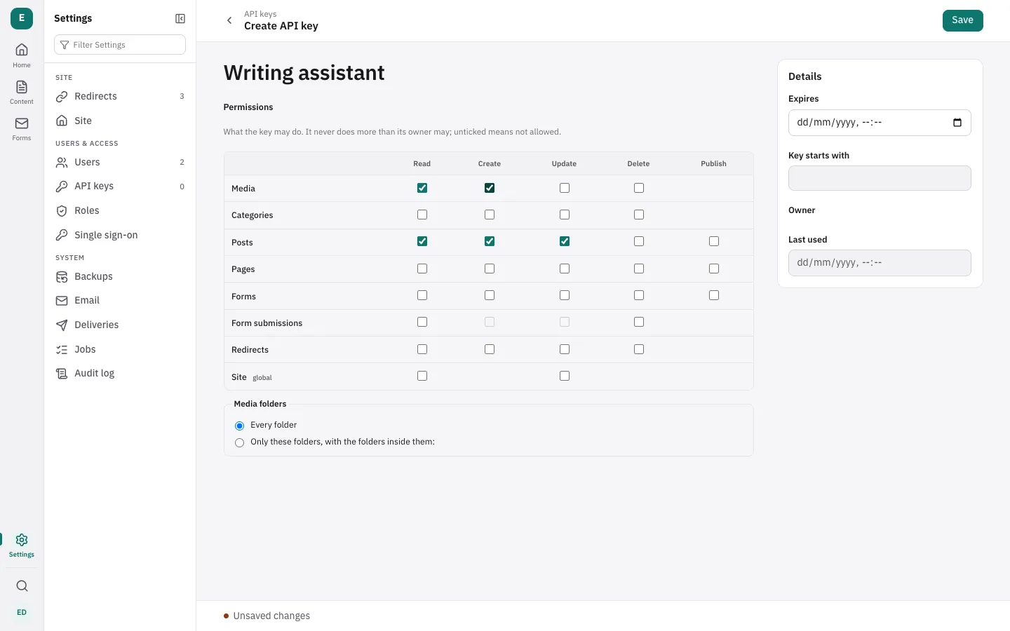 A new API key with its permissions ticked