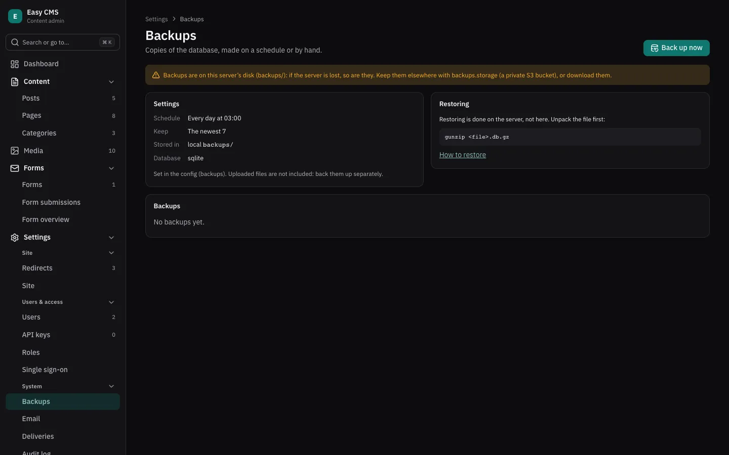 Settings → Backups: the schedule, back up now, and the backups with Download