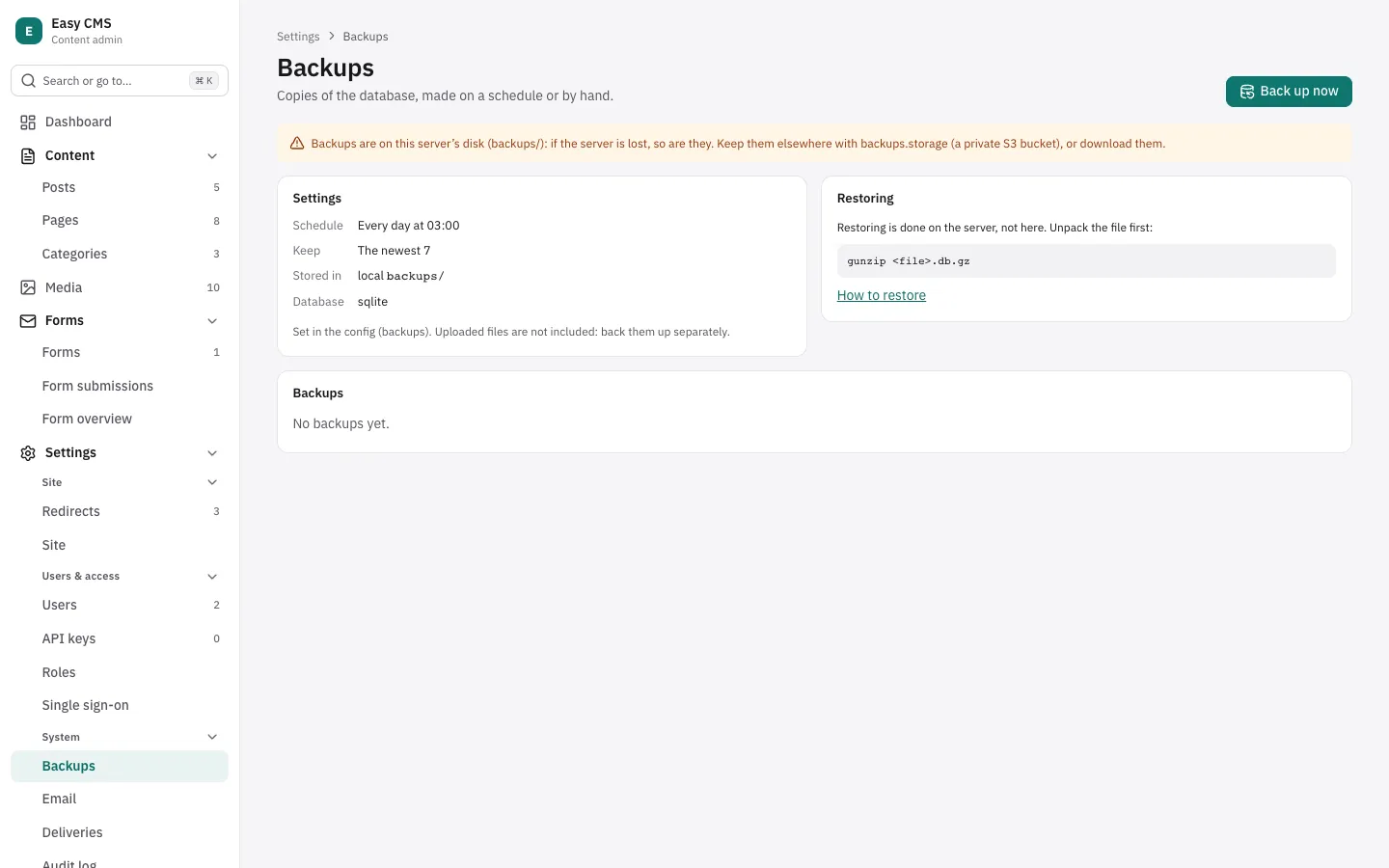 Settings → Backups: the schedule, back up now, and the backups with Download