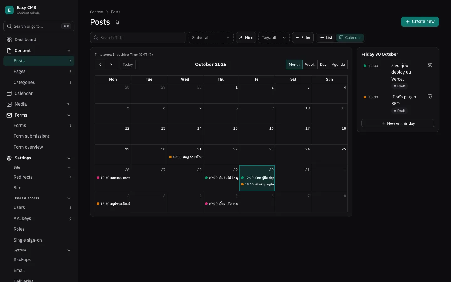 Posts on a month calendar, coloured by category, with today's posts and their status in the card beside it