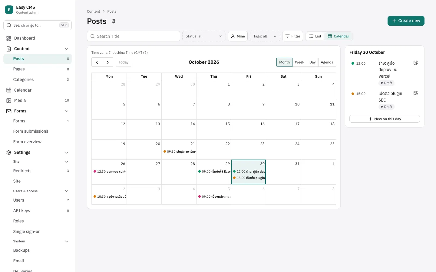 Posts on a month calendar, coloured by category, with today's posts and their status in the card beside it