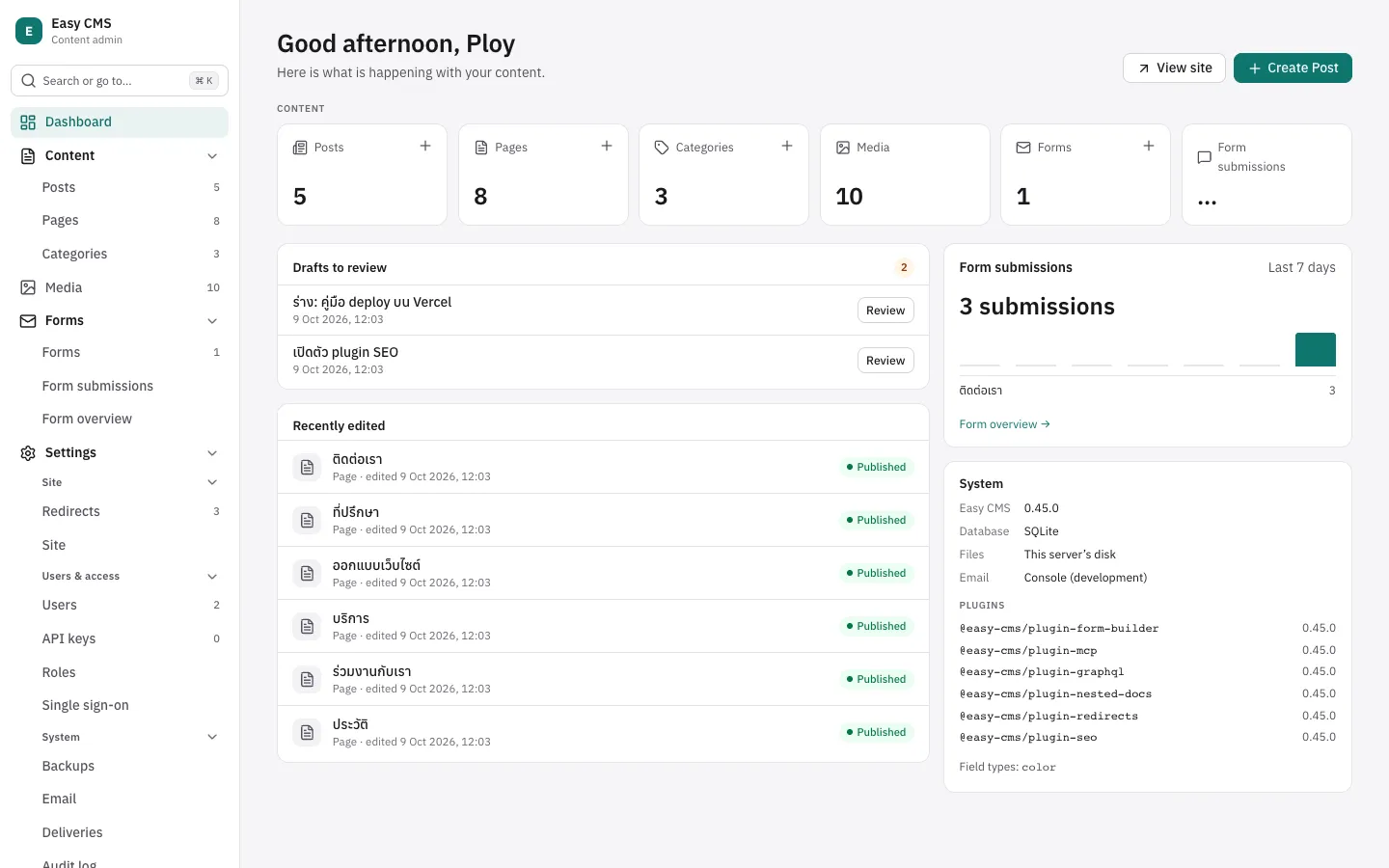The admin with its menu in groups: Content, the media library, Forms and Settings