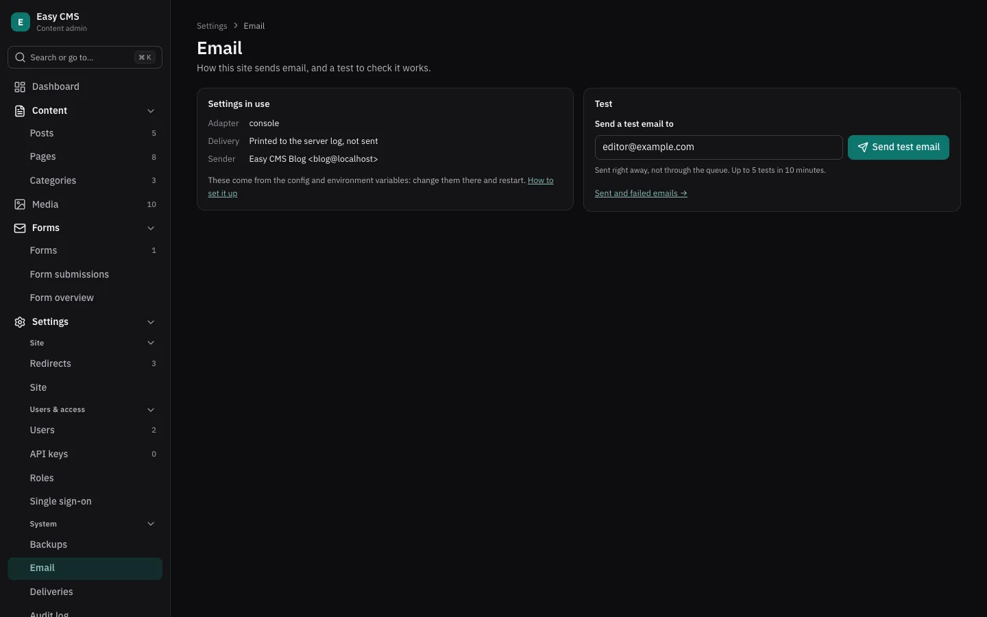 Settings → Email: the SMTP settings in use and a test email