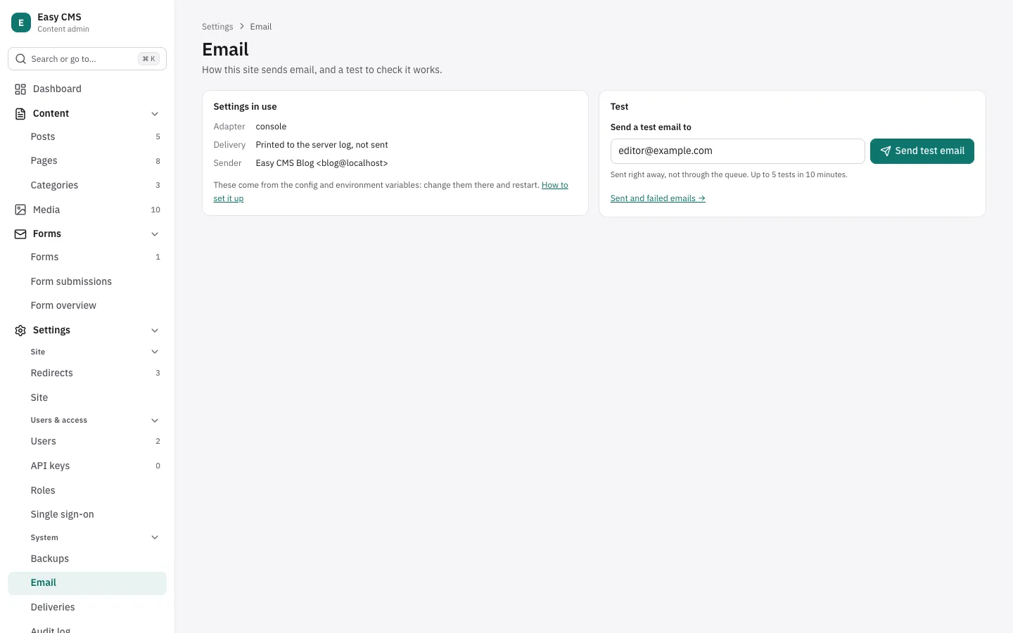 Settings → Email: the SMTP settings in use and a test email