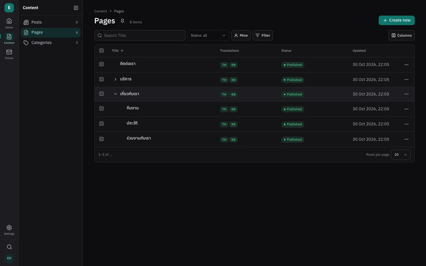 Pages as a tree in the admin, with the pages under About open