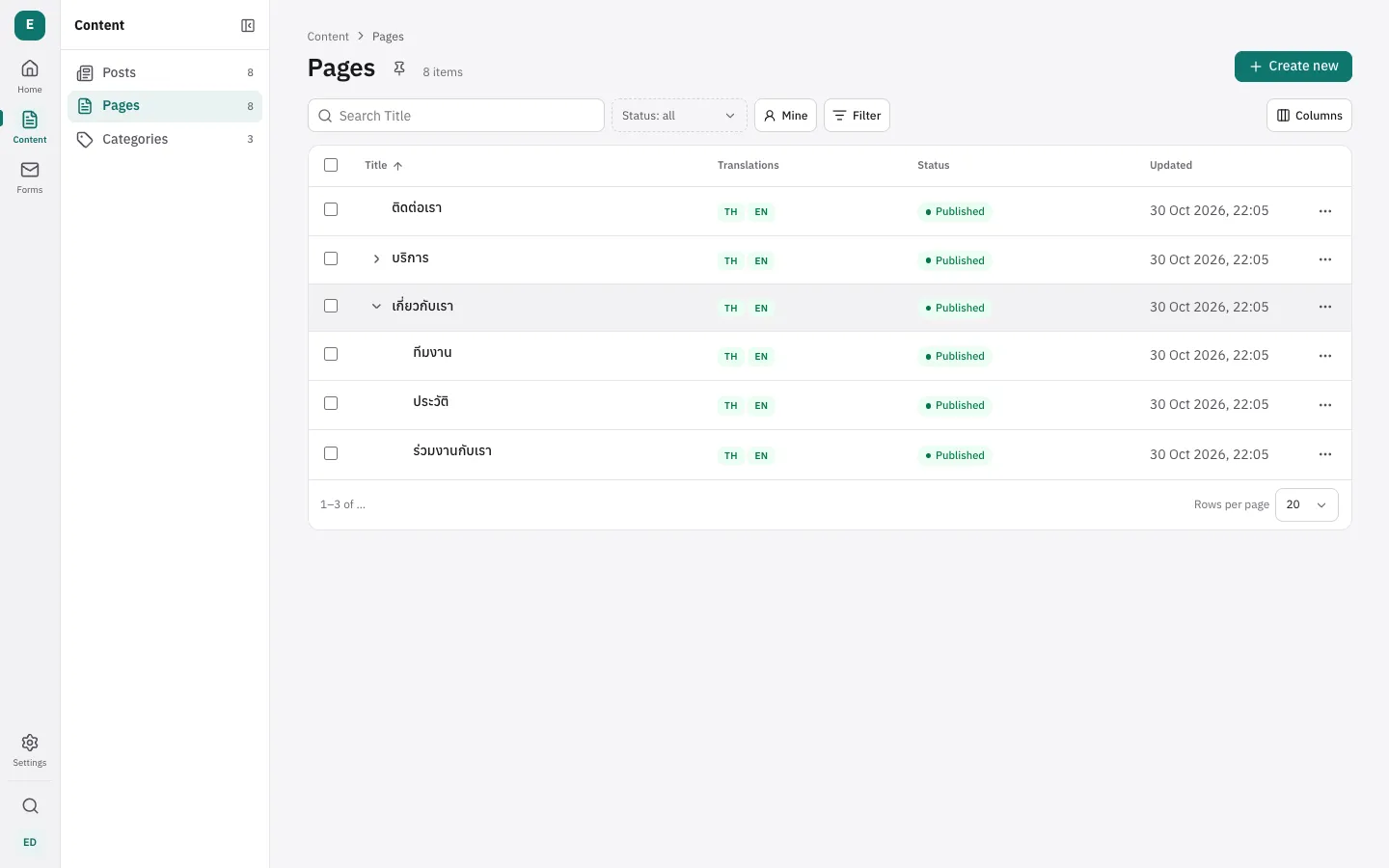 Pages as a tree in the admin, with the pages under About open