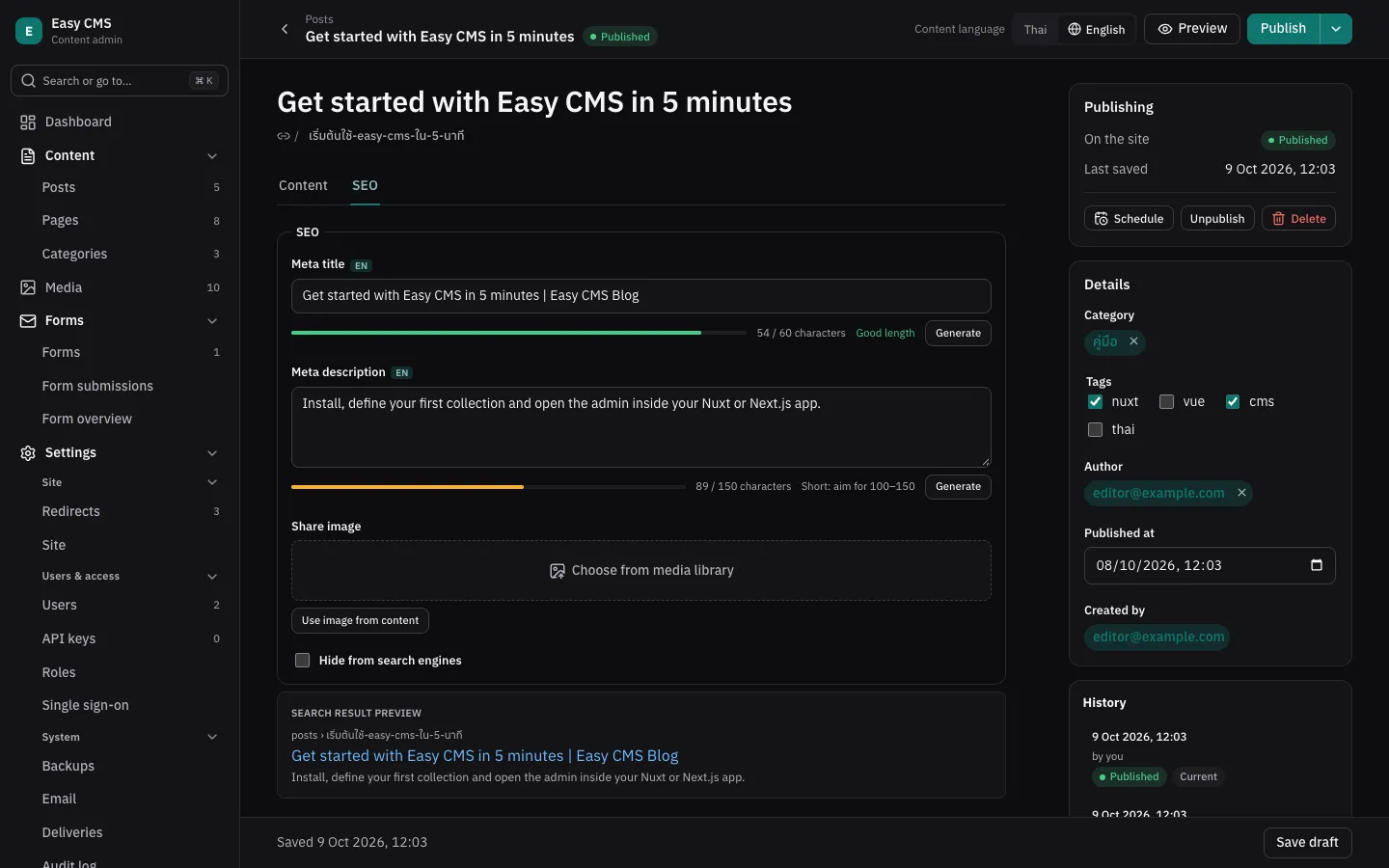 The SEO fields with length meters and a search preview