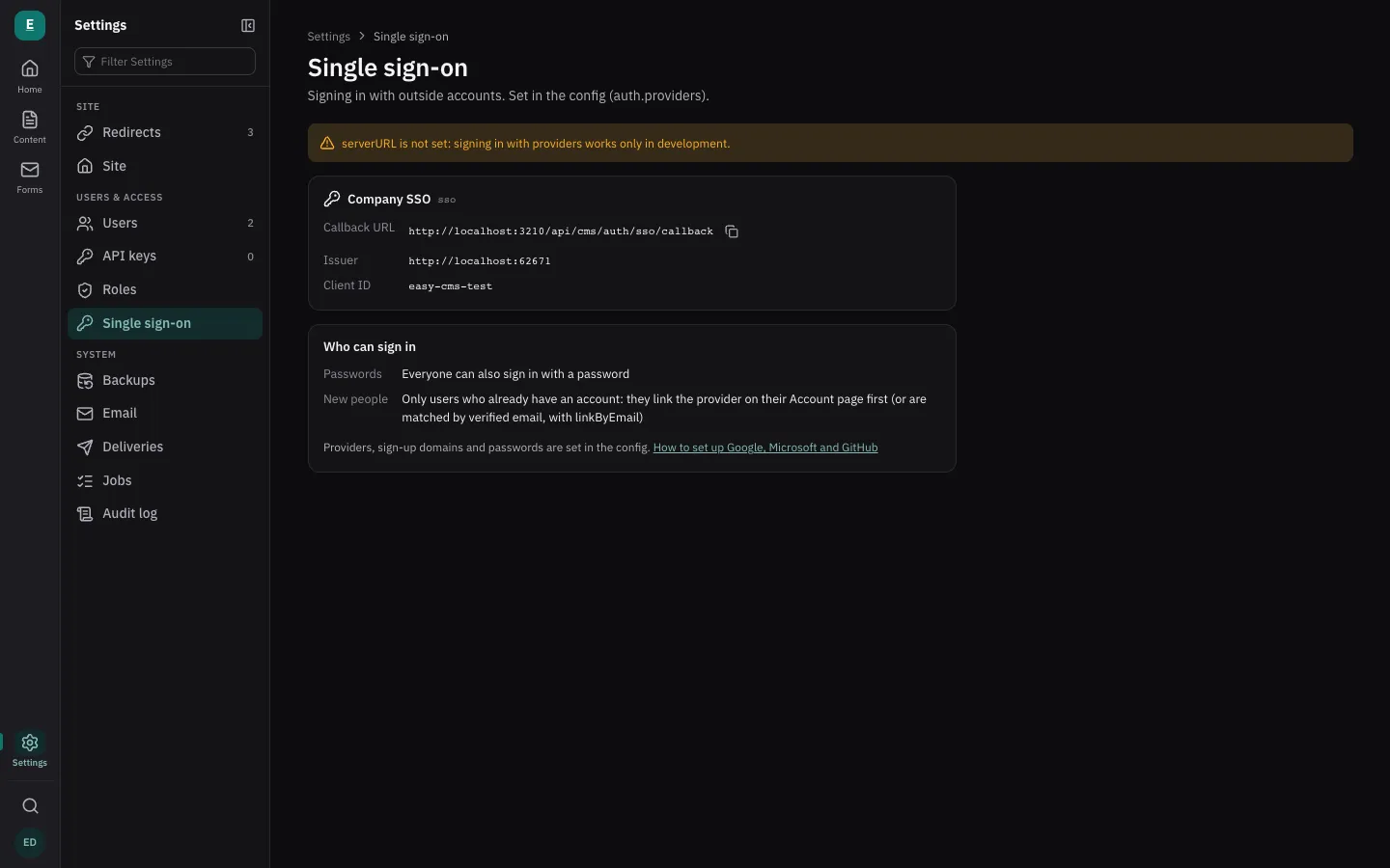 Settings → Single sign-on: each provider with its callback URL to copy, and who can sign in