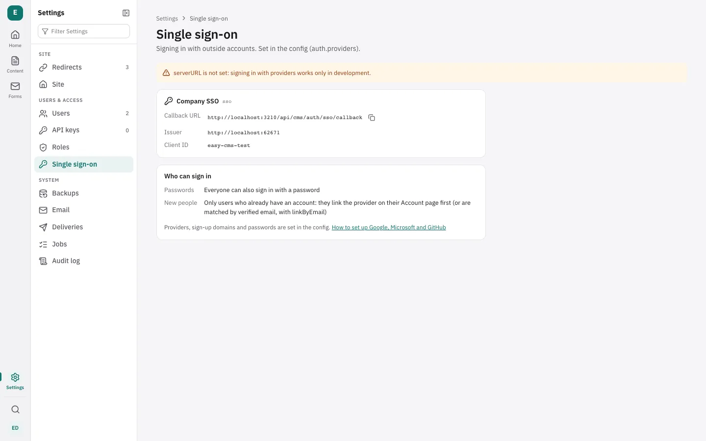 Settings → Single sign-on: each provider with its callback URL to copy, and who can sign in